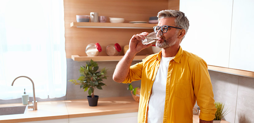  A man wearing a yellow shirt sips water from a glass, emphasizing the importance of hydration for pain relief in Texas heat.