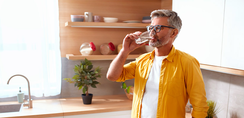 A man wearing a yellow shirt sips water from a glass, likely during his vertigo treatment session.