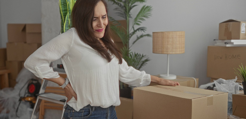 A woman in a room filled with boxes, getting ready for the holidays and emphasizing the importance of safe lifting techniques.